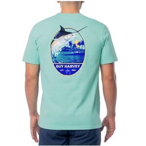 Guy Harvey Men's Blue Hawaiian Short Sleeve T-Shirt in Pool Blue Small MSRP $26